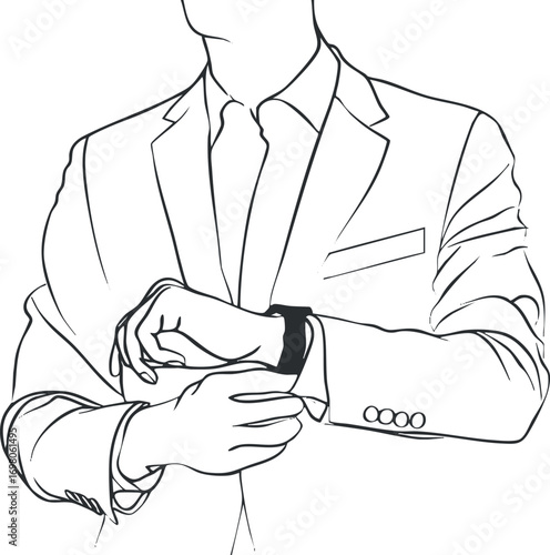 A businessman in a suit checking his smartwatch in a professional setting. Black on transparent background.