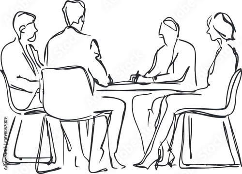 A group of professionals engaged in a collaborative discussion around a conference table. Black on transparent background.