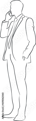A confident businessman in a suit standing while using a mobile phone for communication. Black on transparent background.