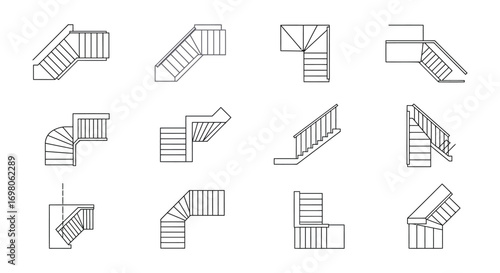 various staircase designs shown in simple line drawings