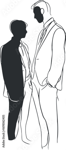 Two business men silhouettes engaged in a professional discussion representing teamwork and collaboration. Black on transparent background.