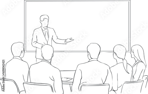 A professional presenting to an audience in a business meeting setting, focusing on communication and teamwork. Black on transparent background.
