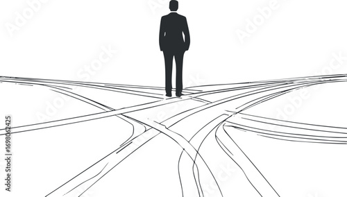 A silhouette of a businessman standing at a crossroads representing choices and decision-making. Black on transparent background.