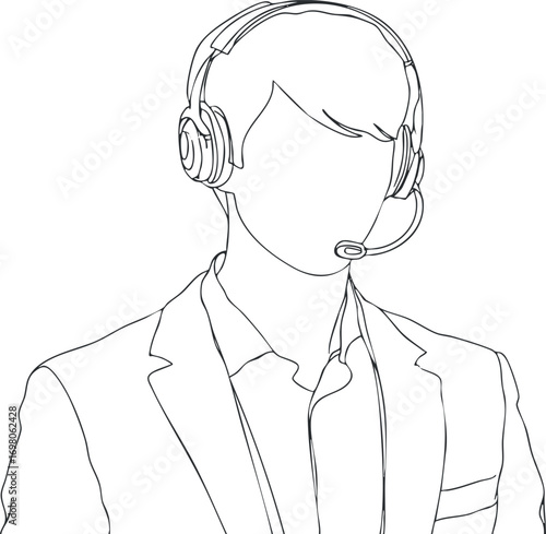 Illustration of a professional person wearing a headset for customer support or telemarketing. Black on transparent background.