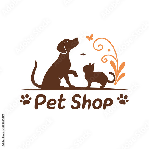 Charming pet shop logo featuring a cute dog and cat silhouette in a playful design