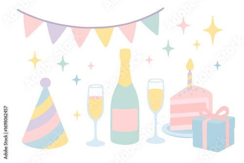 Festive celebration with cake, drinks, and gifts in pastel colors