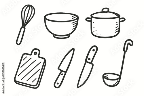 Hand-drawn kitchen utensils collection: whisk, bowl, pot, cutting board, knives, ladle