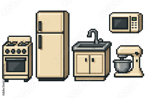 Retro pixel art kitchen appliances set including fridge, oven, and blender