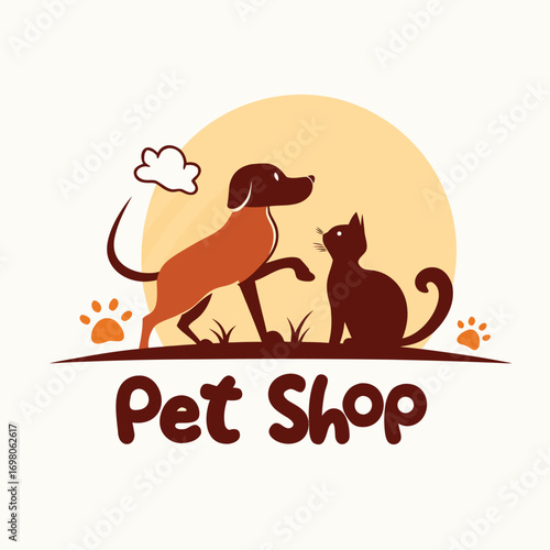Charming pet shop logo featuring cute dog and cat silhouettes for branding and marketing