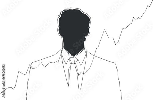 A professional silhouette representing business growth and success with financial graphs in the background. Black on transparent background.