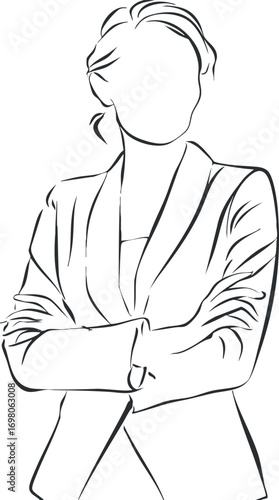 Minimalistic illustration of a confident businesswoman with arms crossed in a professional stance. Black on transparent background.