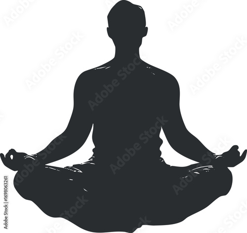 Silhouette of a person meditating in a cross-legged position promoting relaxation and mindfulness Black on transparent background.