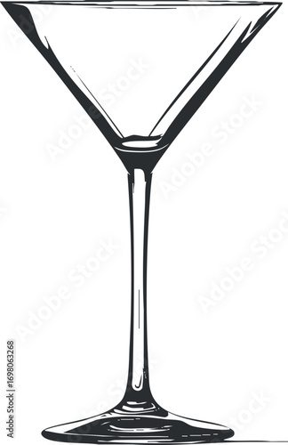 An elegant outline illustration of an empty martini glass suitable for cocktail designs. Black on transparent background.