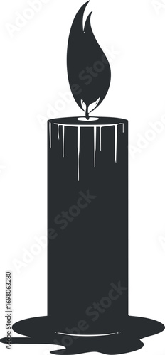 A simple black silhouette of a burning candle with a flickering flame and wax drips. Black on transparent background.