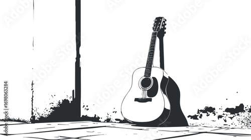 An artistic black and white illustration of an acoustic guitar leaning against a wall. Black on transparent background.