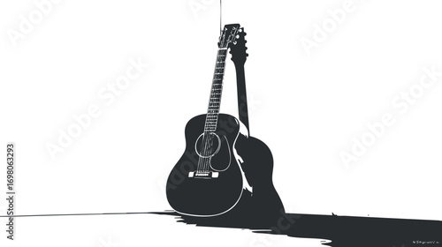 A minimalist silhouette of an acoustic guitar casting a shadow on a white background. Black on transparent background.