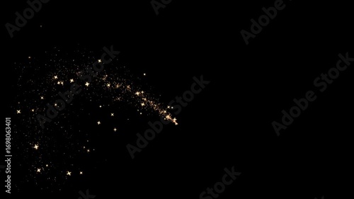 Golden glitter particles and stars trail on black background. Ideal for celebrations, awards, or magical videos. Seamless loop