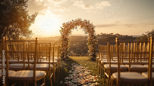 Romantic wedding setup with floral archway and chairs at sunset ambiance