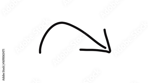 Hand-drawn curved arrow doodle in black ink, isolated on a white background. 