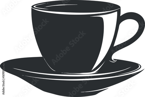 Stylish black cup and saucer ideal for coffee or tea in modern dining settings. Black on transparent background.