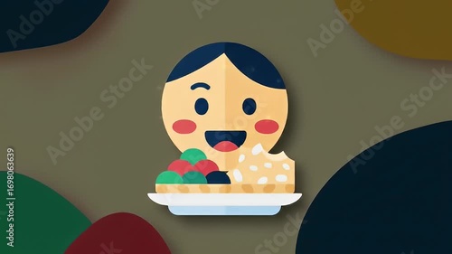Cartoon-style face with rosy cheeks and food on a plate, set against an abstract background