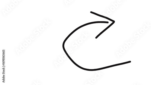 Minimalist hand-drawn arc arrow icon pointing forward. A simple black sketch symbol illustrating direction, redo, refresh, or a circular process