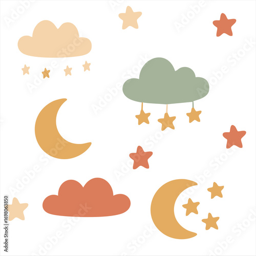 Cartoon moon, clouds and stars in pastel colors. Flat vector night sky elements, perfect for nursery design, kids room decoration, baby shower cards and cute bedtime projects.