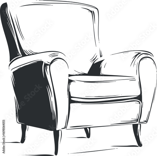 A stylish armchair illustration showcasing modern design and comfort for home decor. Black on transparent background.