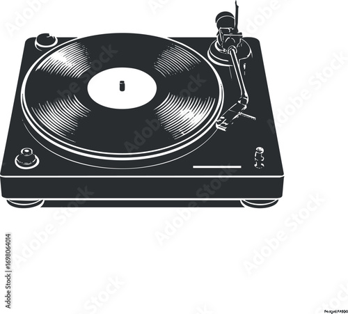 A classic turntable featuring a vinyl record and stylus, perfect for music lovers and DJs. Black on transparent background.