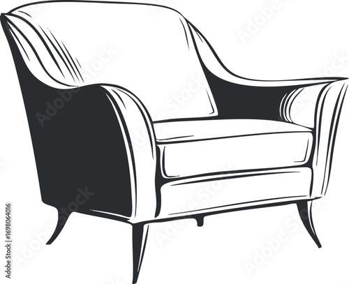 A stylish and modern armchair designed for comfort and elegance in home interiors. Black on transparent background.