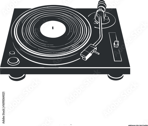 A minimalist illustration of a turntable showcasing vinyl records and audio playback features. Black on transparent background.