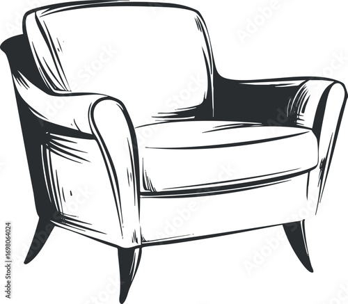 A stylish armchair illustration showcasing modern furniture design for home interiors. Black on transparent background.