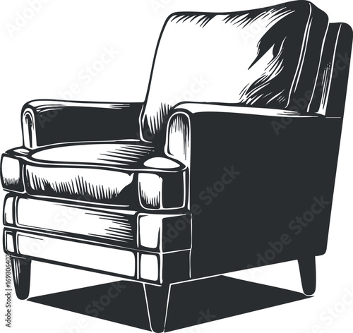Stylish and comfortable armchair illustration ideal for interior design and home decor. Black on transparent background.