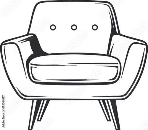 An elegant minimalist chair design featuring a comfortable cushion and sleek wooden legs. Black on transparent background.