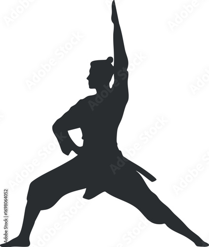 A dynamic silhouette of a person performing a warrior yoga pose showcasing strength and balance. Black on transparent background.