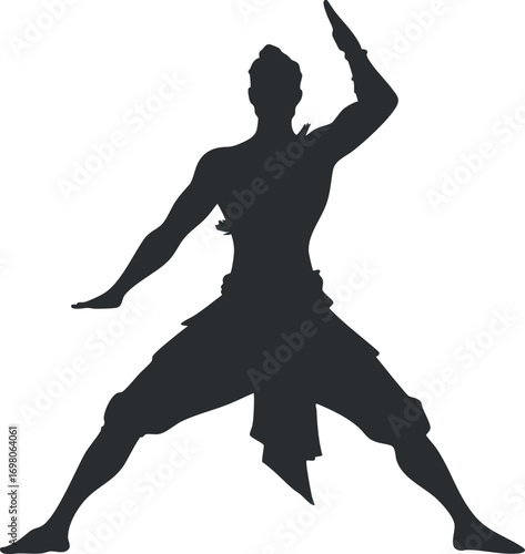 A dynamic silhouette of a dancer showcasing movement and expression in an artistic pose. Black on transparent background.