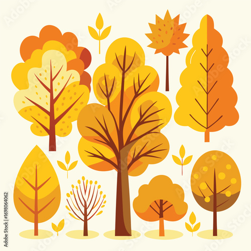 A collection of stylized autumn trees in various shapes and sizes, rendered in warm yellow and orange hues.