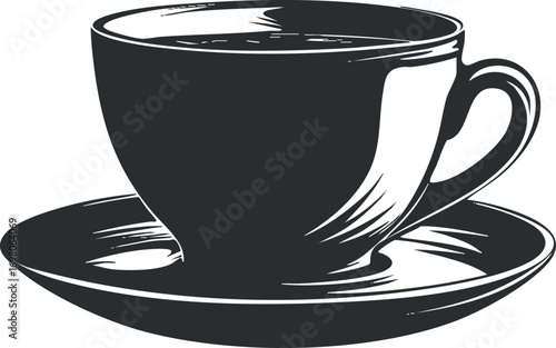 A simple illustration of a cup and saucer ideal for coffee or tea. Black on transparent background.