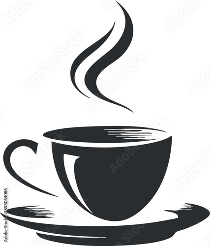 A minimalist illustration of a steaming coffee cup on a saucer perfect for beverage related themes Black on transparent background.
