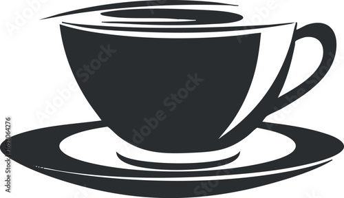 A simple black silhouette of a coffee cup with steam on a saucer. Black on transparent background.