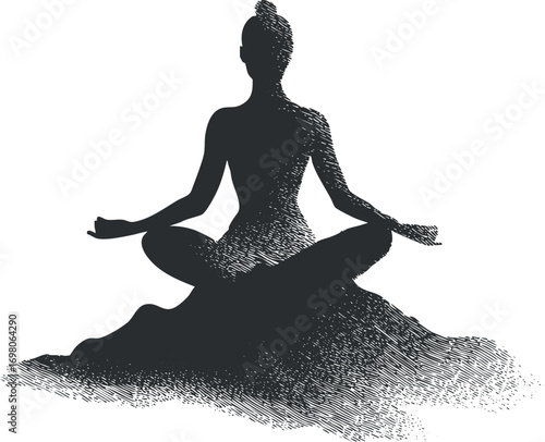 A serene silhouette of a person meditating, embodying peace and mindfulness in practice. Black on transparent background.