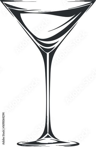 A stylish and elegant outline illustration of an empty martini glass for beverage designs. Black on transparent background.