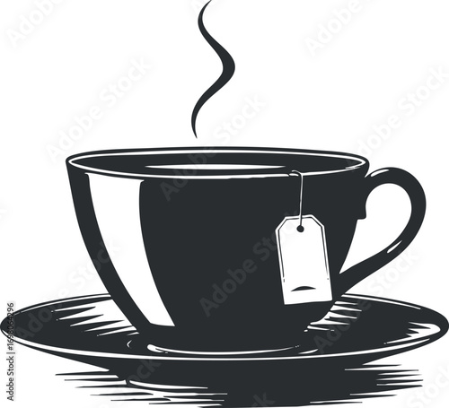 A stylish black and white illustration of a steaming cup of tea on a saucer. Black on transparent background.