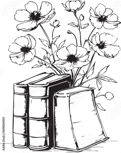 Books and Blooming Flowers Vector – Literary Still Life, Nature and Knowledge Symbol, Elegant Black and White Illustration