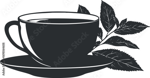 A minimalist illustration of a cup of tea or coffee with leaves on a saucer. Black on transparent background.