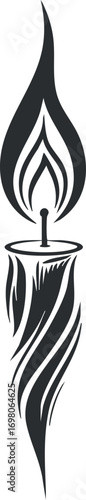 An elegant candle illustration with a stylized flame representing light and spirituality. Black on transparent background.