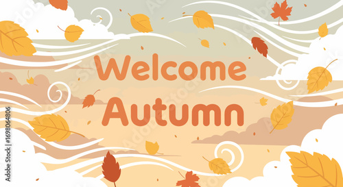A cheerful welcome autumn sign illustration with vibrant orange and yellow leaves dancing in the wind against a cloudy sky backdrop for seasonal design