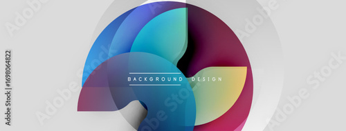 Abstract colorful shapes overlap, creating dynamic background. Gradient hues blend smoothly, offering modern visual appeal.