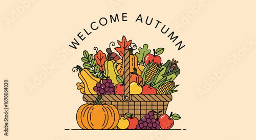 A delightful welcome autumn sign featuring a harvest basket overflowing with seasonal fruits and vegetables, celebrating the beauty of fall