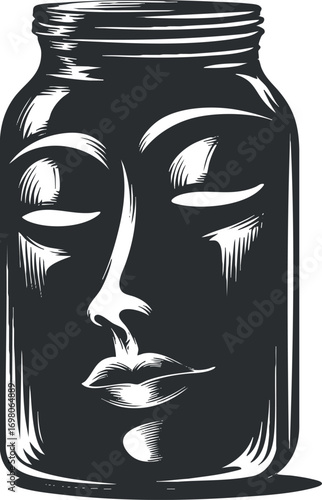A creative illustration of a face inside a jar, symbolizing containment and expression. Black on transparent background.